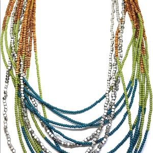 matte silver tone necklace with genuine wood, metal and colorful glass beads.